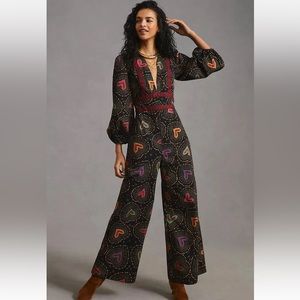 🖤FARM RIO ANTHROPOLOGIE DEEP V NECK HEART PRINT JUMPSUIT M